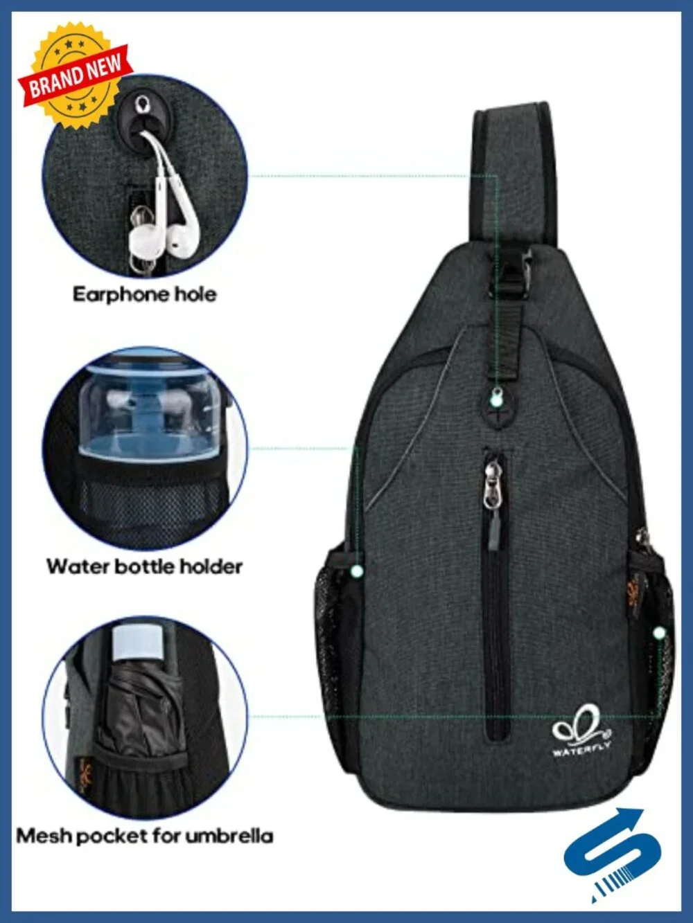Water-Resistant Crossbody Sling Backpack Hiking Travel Daypack